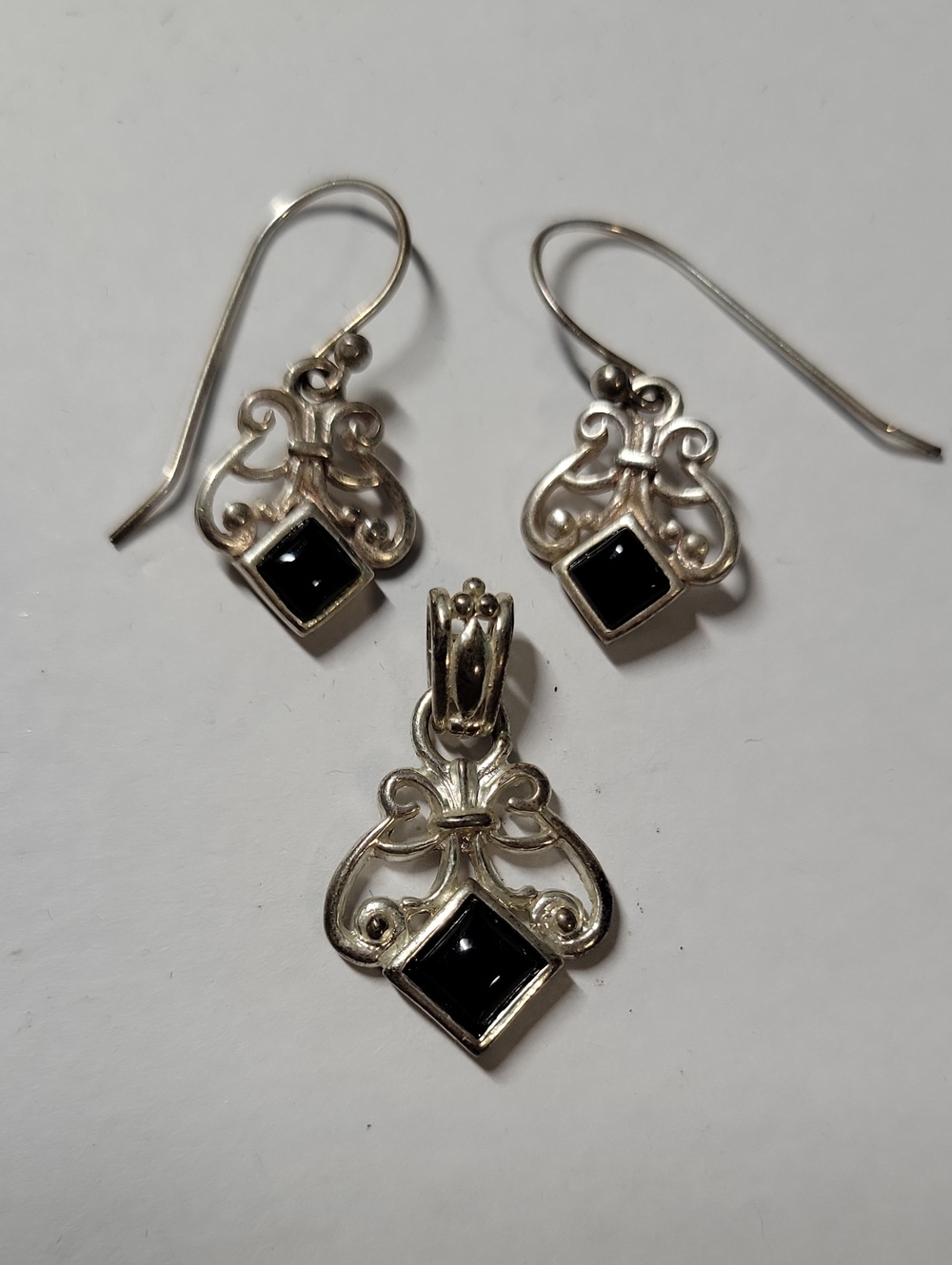 Sterling Silver Black Onyx Pendant and Earrings Set